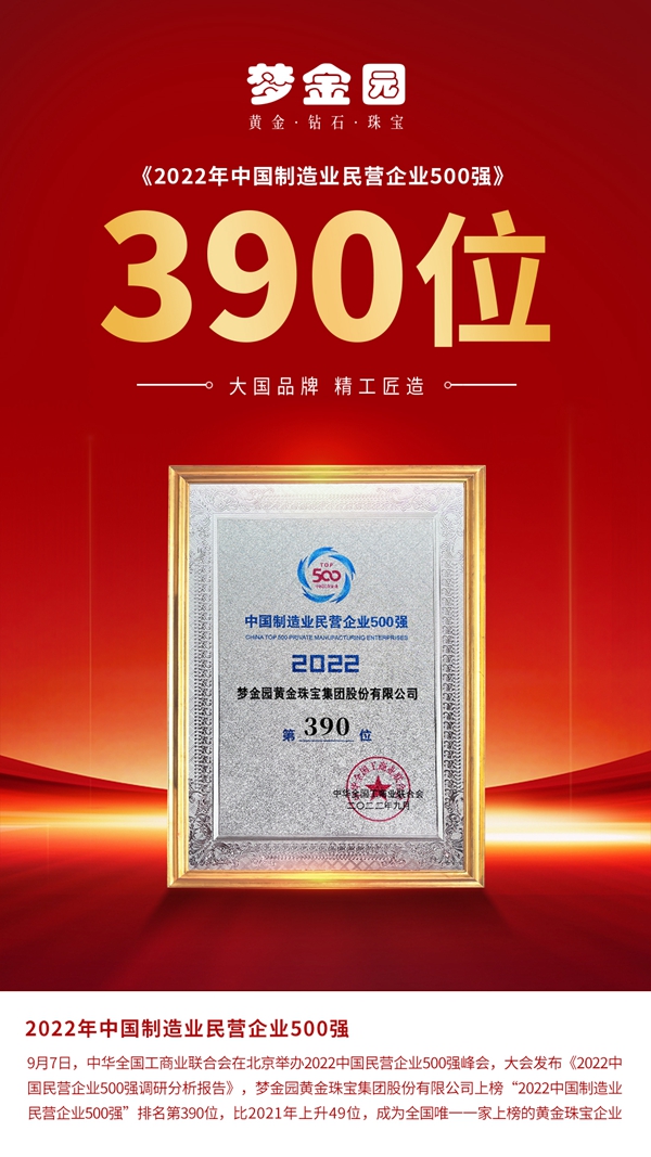 梦金园再次上榜“2022中国制造业民营企业500强”